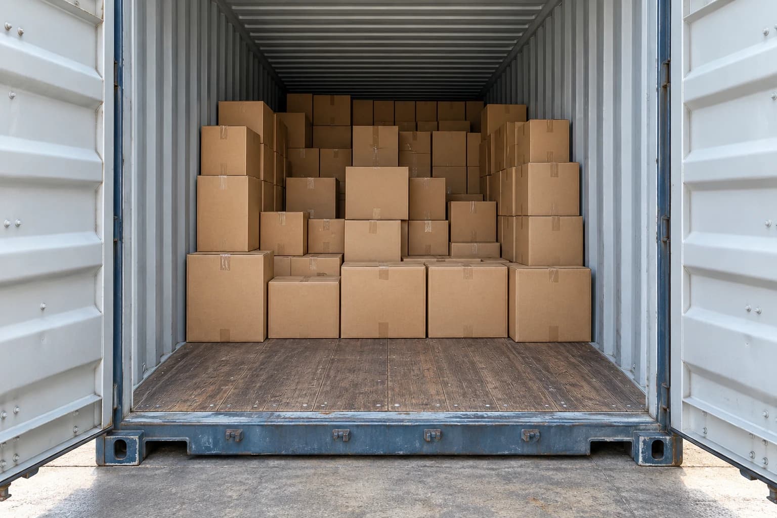 Illustration of a floor-loaded shipping container with cardboard cartons stacked directly on the wooden floor, without pallets.