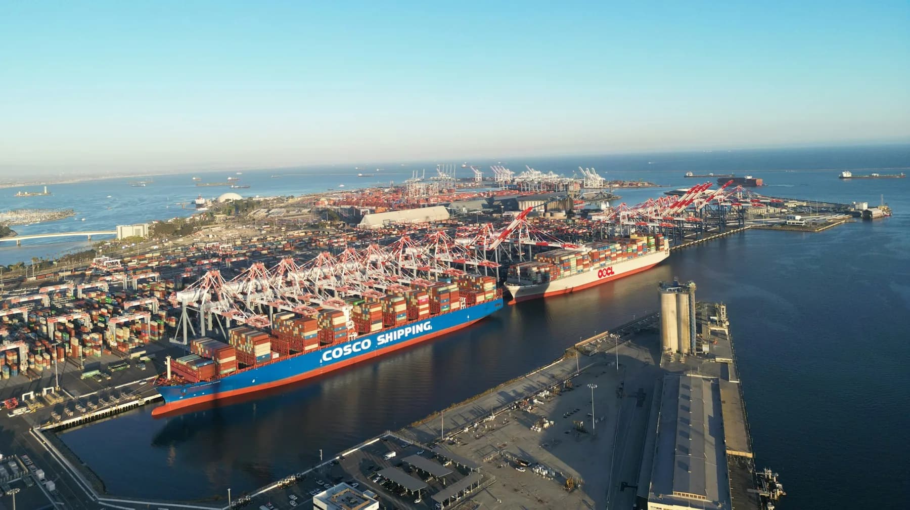 Container ships and cranes at the Port of Long Beach, United States.