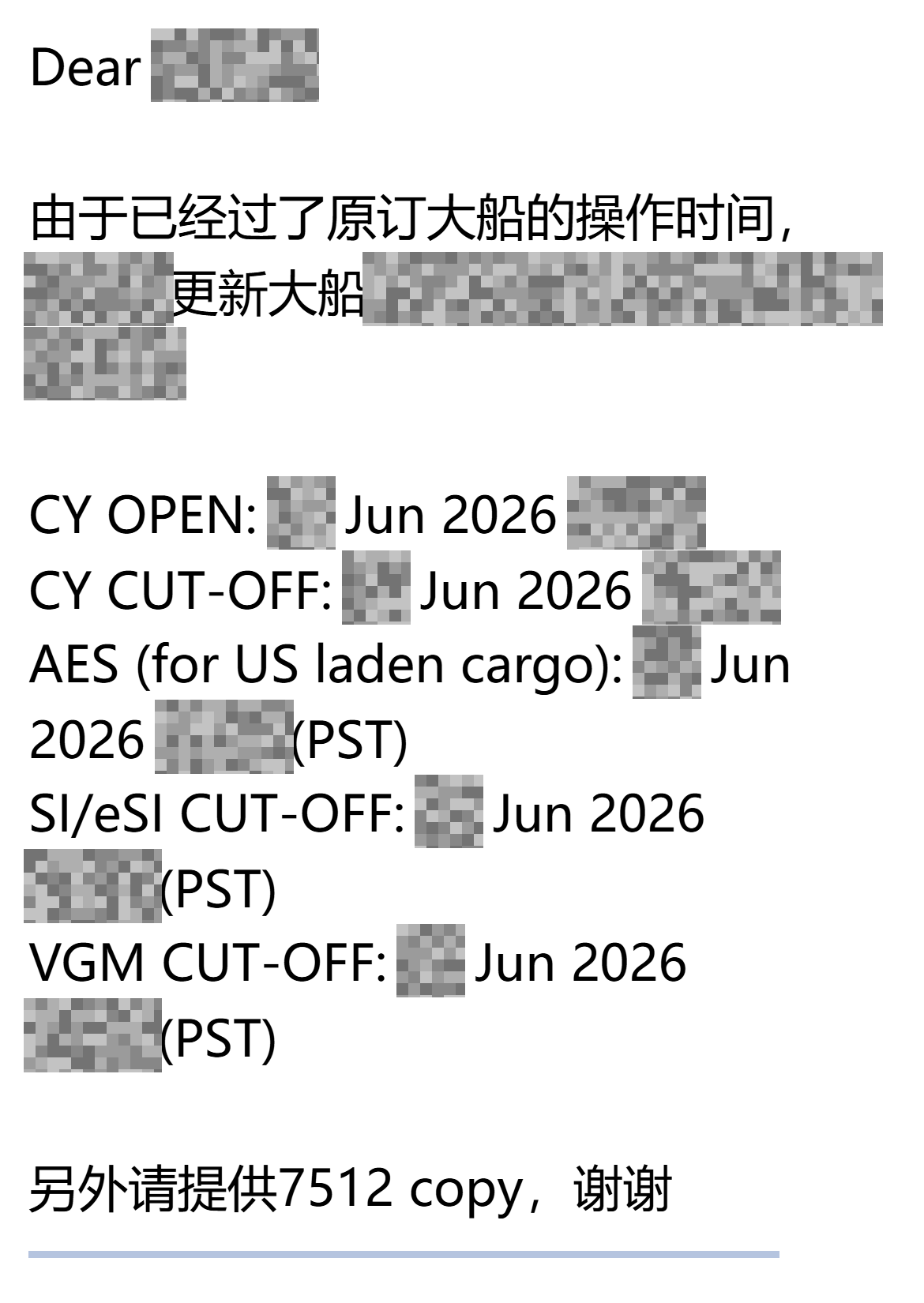 Our email: We relay the replacement vessel and revised yard, documentation and filing deadlines, and request the re-export filing copy.