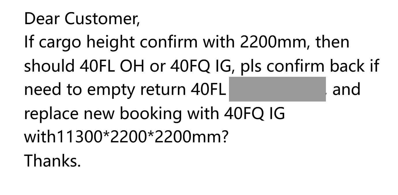 The carrier identifies the over-height option on 40FL and the in-gauge option on 40FQ.