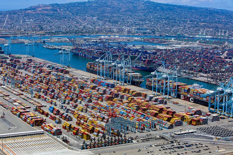 Pier 300 Channel, container terminals and berthed vessels at the Port of Los Angeles, archive photo